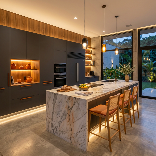 Cozinha planejada moderna com acabamento cinza fosco e iluminação LED, projeto DIY Planejados Sorocaba