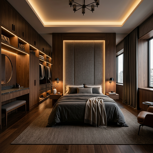 Quarto casal planejado alto padrão, roupeiro e cabeceira, projeto DIY Planejados