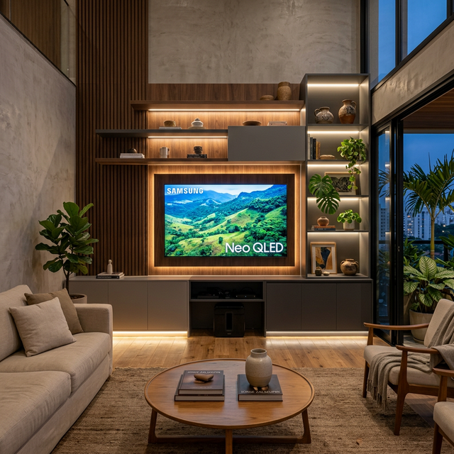 Painel e estante de sala planejada com design moderno e acabamento premium, projeto DIY Planejados