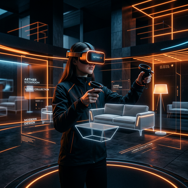 Cliente utilizando óculos de realidade virtual para visualizar projeto de móveis planejados DIY